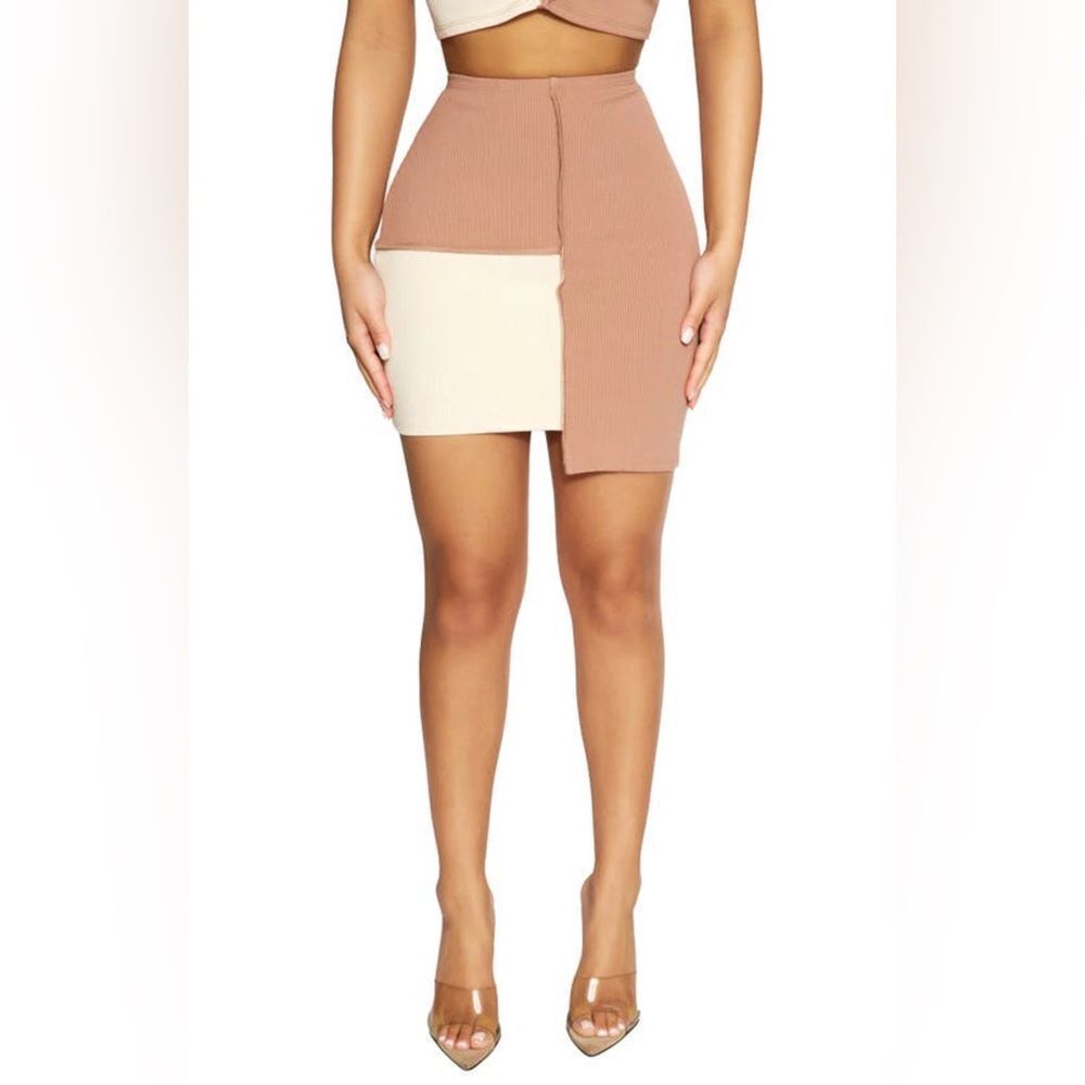 NEW Naked Wardrobe Square Rib Miniskirt Asymmetrical 2 Tone Size L
